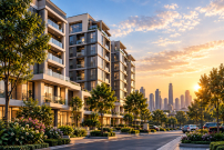 Modern residential architecture with city skyline